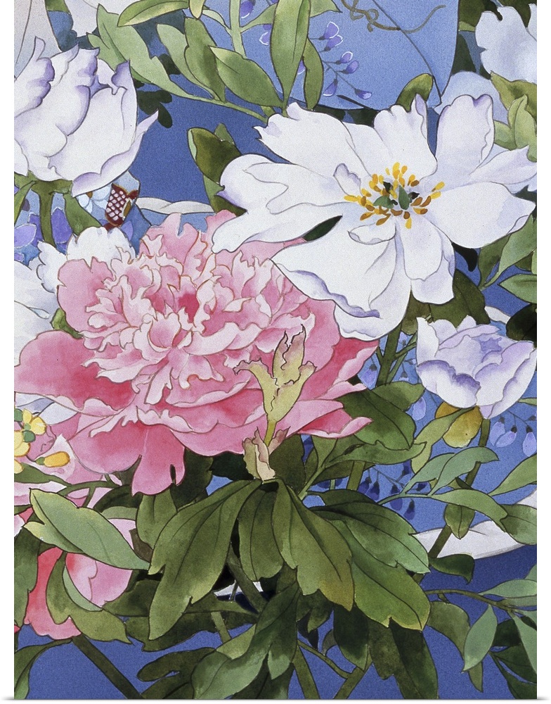 Contemporary colorful and lavish looking Asian artwork of beautiful pink and white flowers.