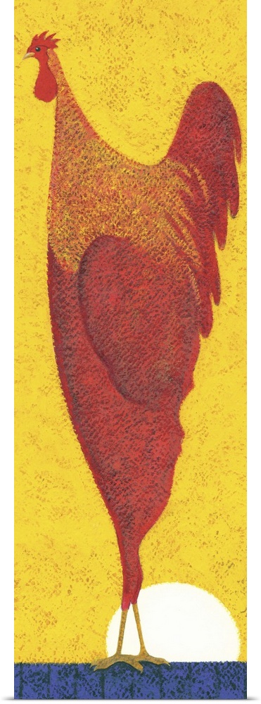 Contemporary painting of a tall red chicken standing on a blue surface against a bright yellow sky with the sun on the hor...