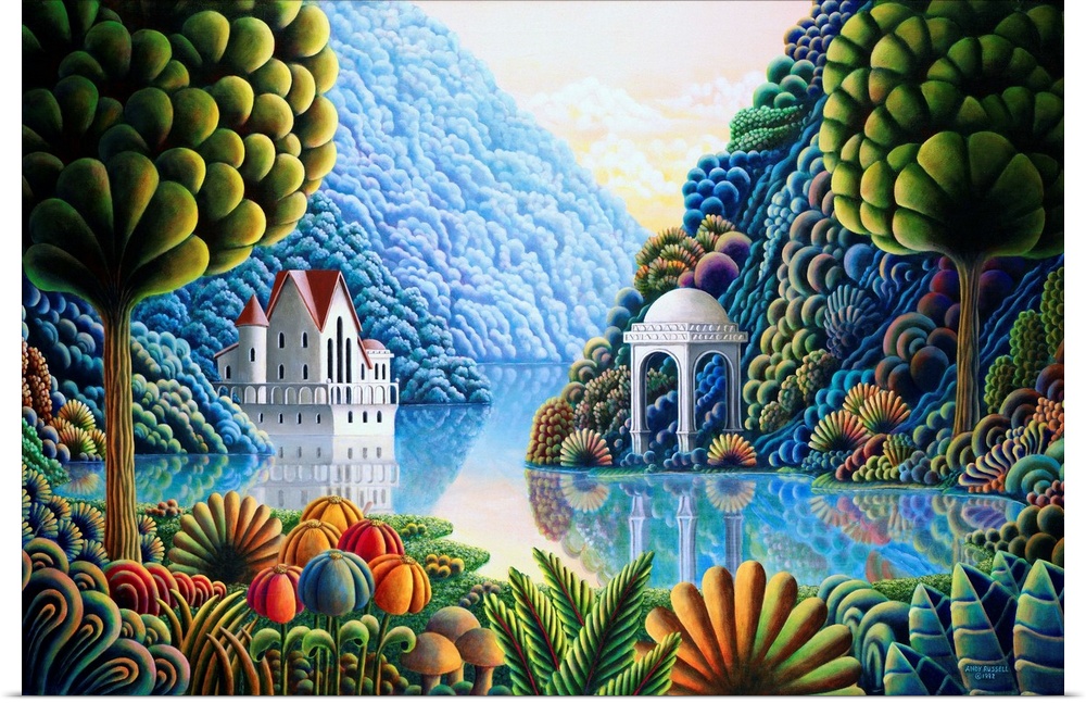 Contemporary painting of a house and pavilion on lake surrounded by lush mountainous greenery.