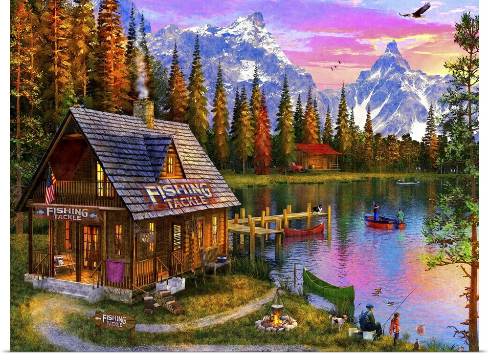Illustration of a small Fishing cabin set on a lake.