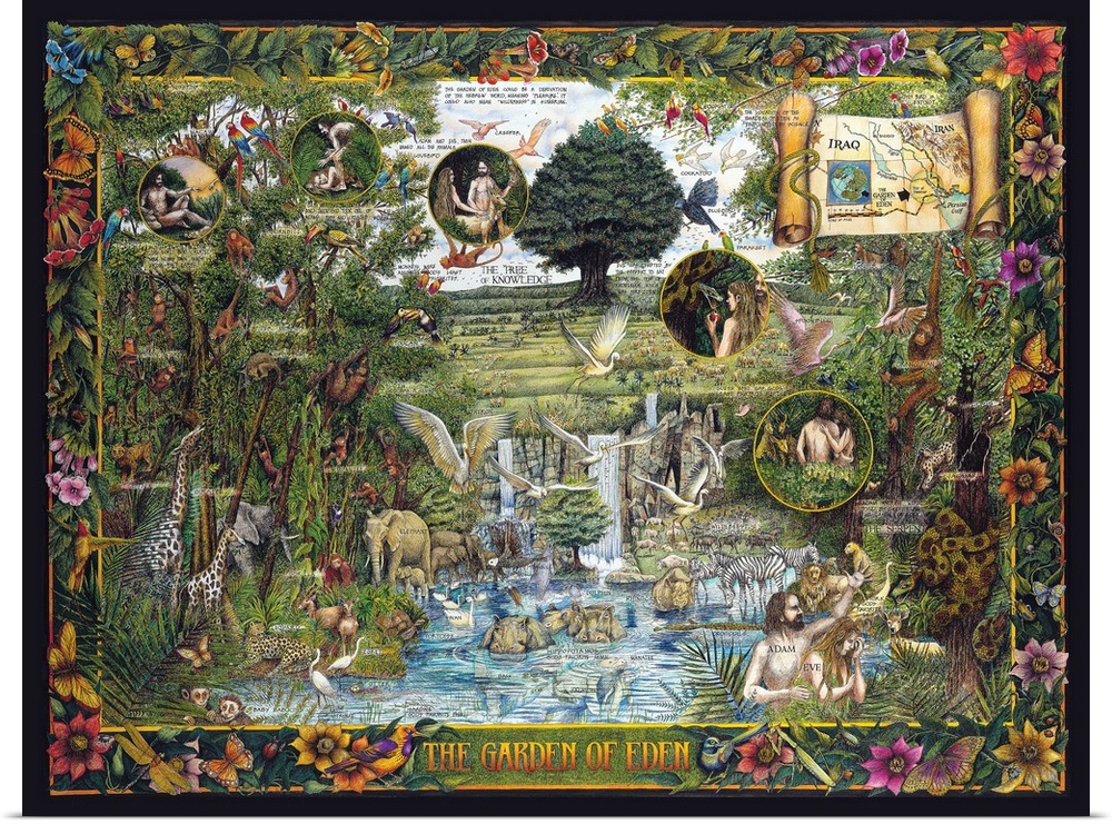 Imaginary view of Eden with all flora and fauna and magnifications of Adam and Eve.