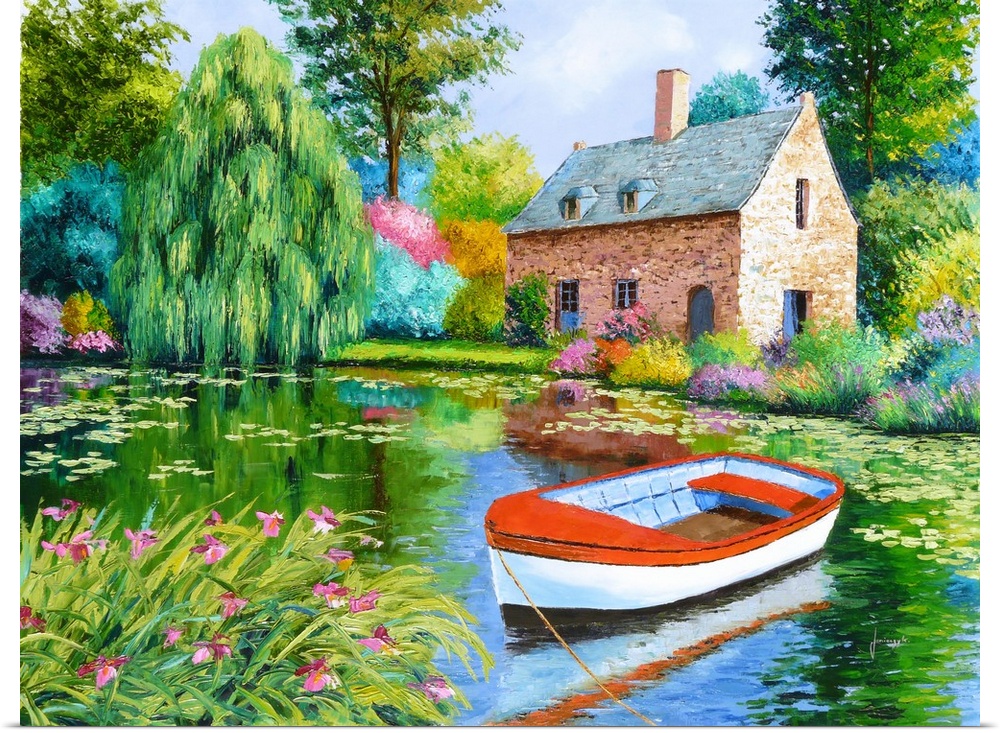 Contemporary painting of a boat resting in a pond in front of a countryside cottage.
