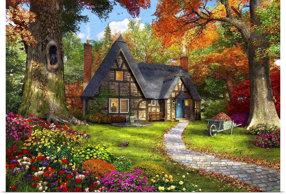 Illustration of a small cozy cottage in a Autumnal woodland.