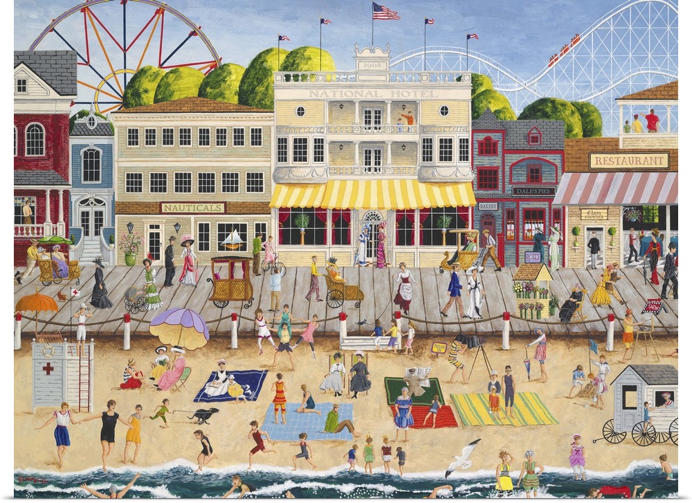 Americana scene of a busy pier with beachgoers and carnival rides.
