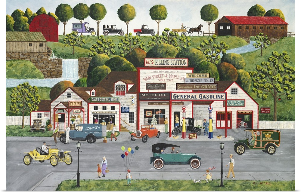 Americana scene of an old gas station filling up cars.