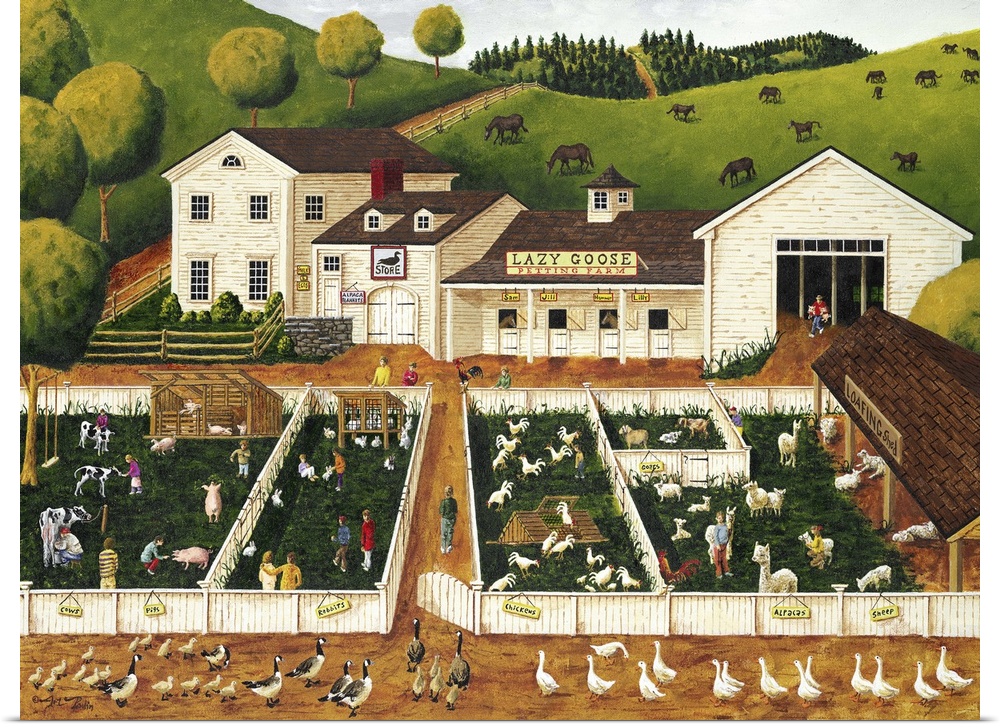Americana scene of a small farm with chickens, pigs, cows, and sheep to pet.