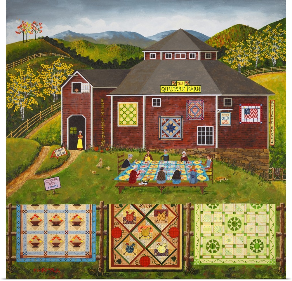 Americana scene of a barn selling quilts with women in a quilting circle.