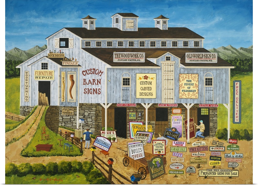 Americana scene of a store selling custom wooden signs.