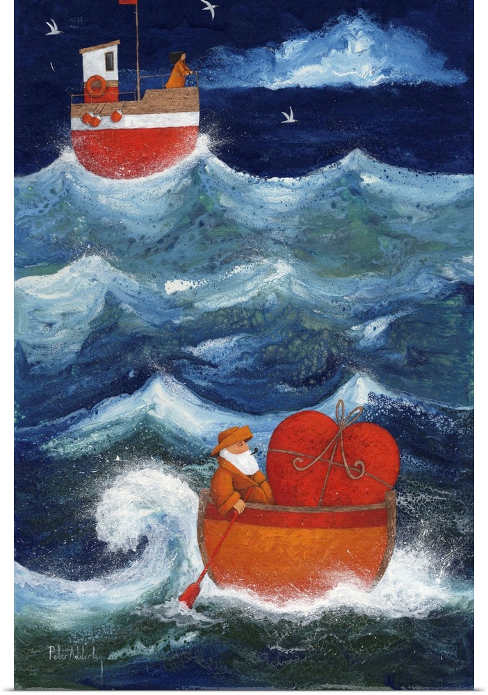 Contemporary painting of a man in small row boat with a giant heart shaped present in it.
