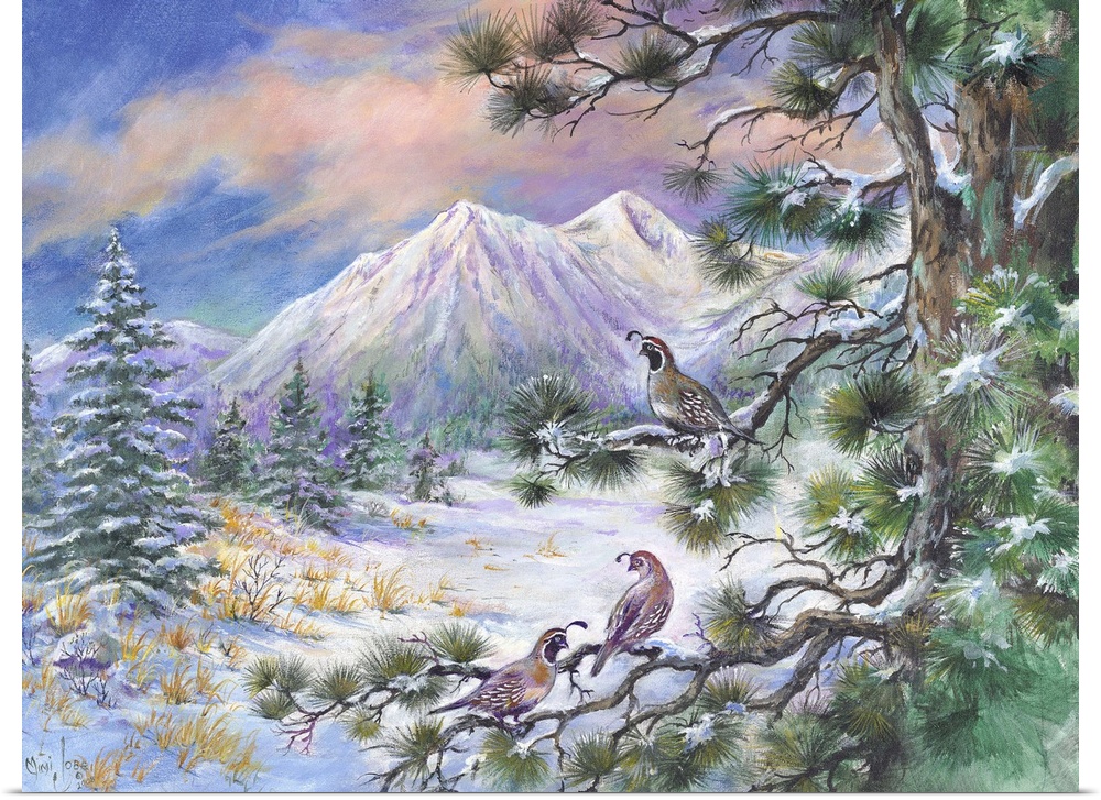 Contemporary painting of quails resting on a tree, looking out at mountains.