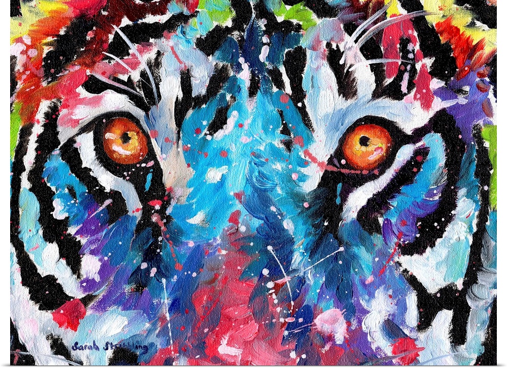 Close up of tiger eyes in rainbow colors.