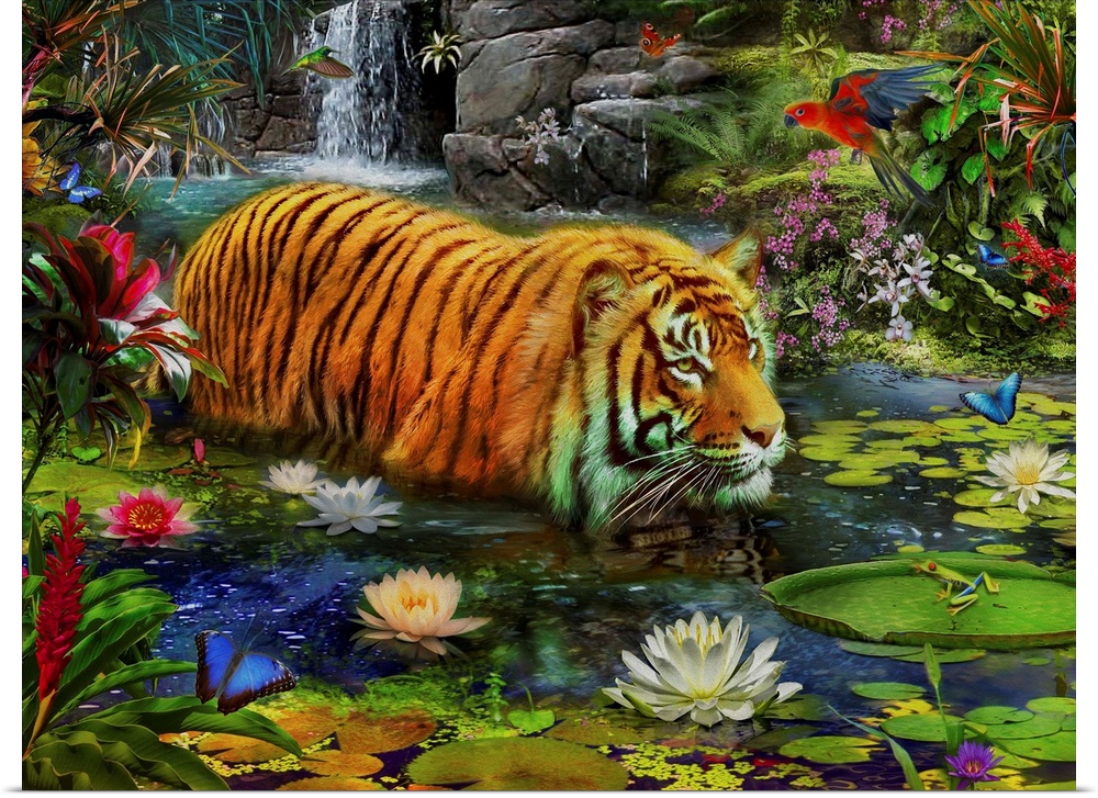 Whimsy illustration of a tiger walking through water full of flowers and lily pads, with a waterfall in the background.