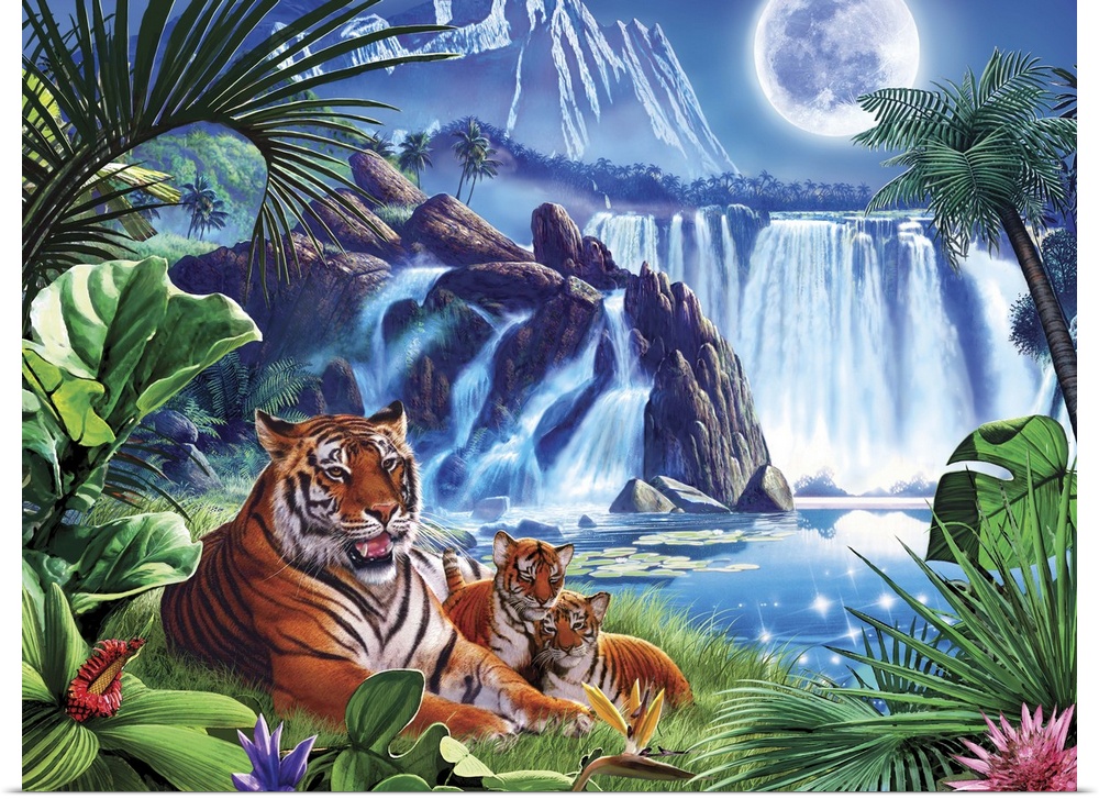 Tiger and two cubs by a waterfall in the moonlight