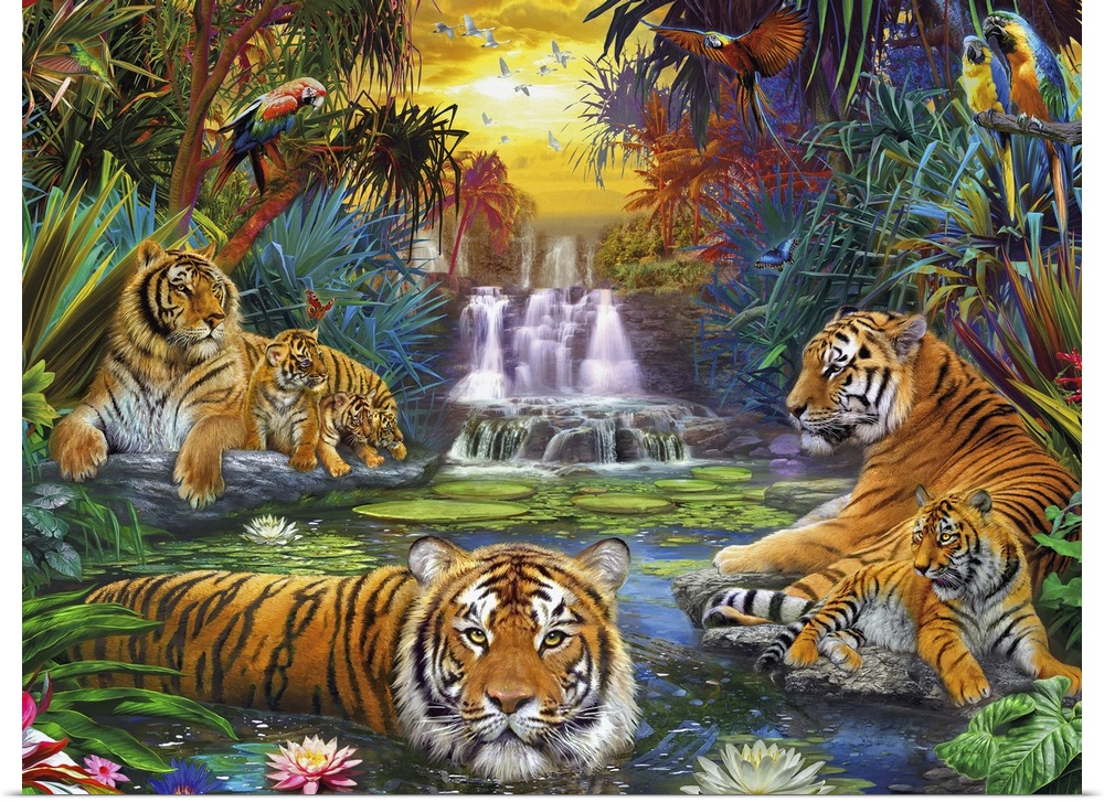Detailed painting on canvas of tigers sitting on rocks and bathing in a river in the jungle with waterfalls flowing in the...