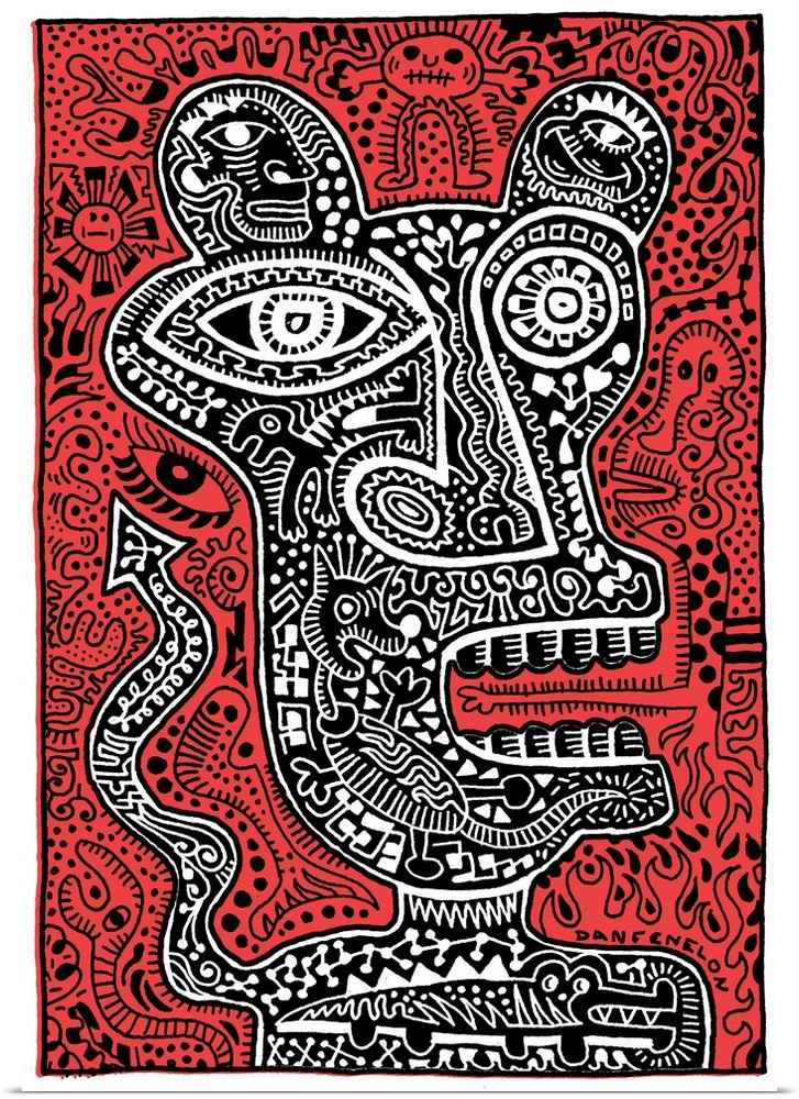 Contemporary abstract artwork of a monster head with intricate and detailed patterns, against a red background