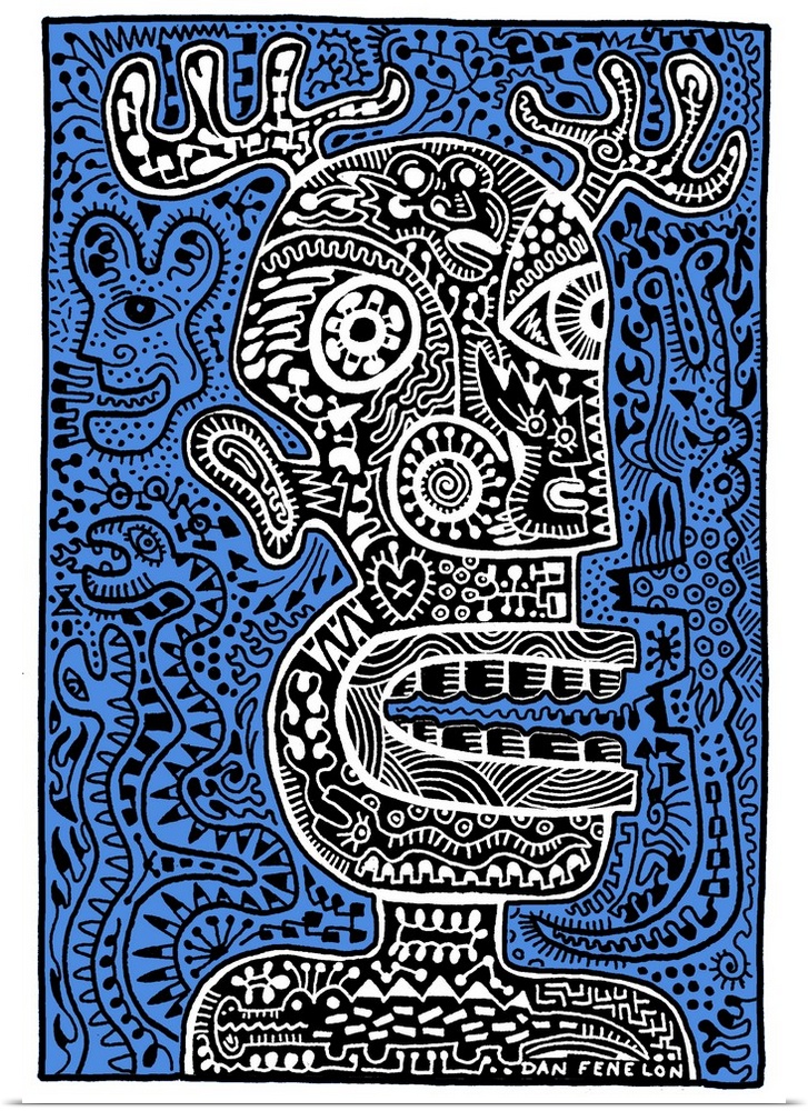 Contemporary abstract artwork of a monster head with intricate and detailed patterns, against a blue background
