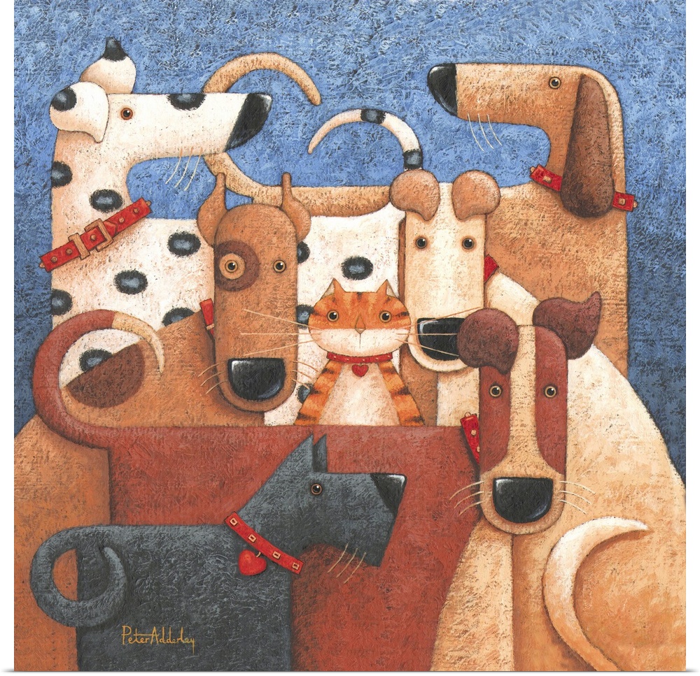 Contemporary painting of a group of dogs all huddled together, with a a cat poking its head out from the middle of the group.