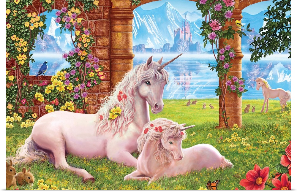 Unicorn mother and foal lying down in an old fantasy garden with a lake and mountains.