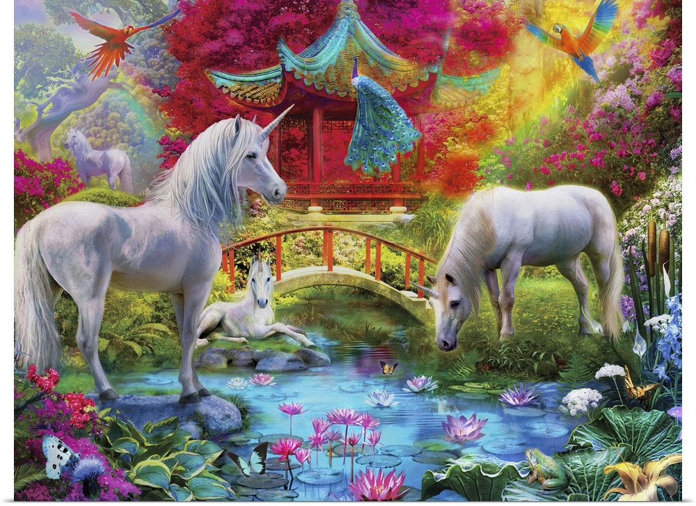 Fantasy illustration of unicorns at a pond filled with lily pads and lotus flowers with a bridge rainbows in the background.