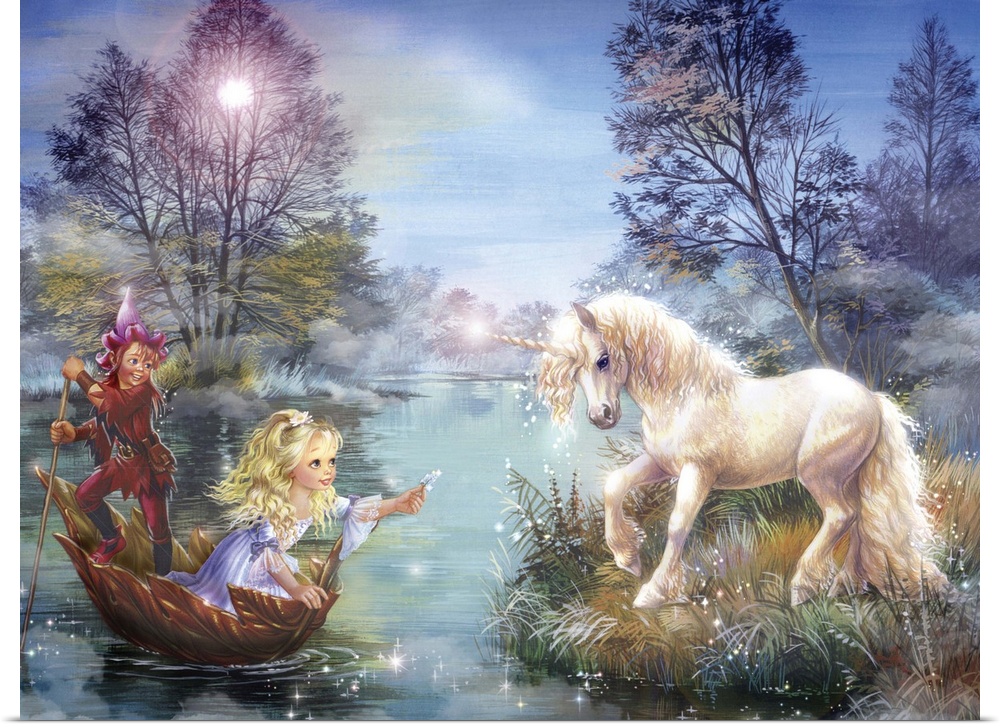 Fantasy style artwork of a little girl in a large floating leaf as she holds out her hand with an object to give a unicorn...