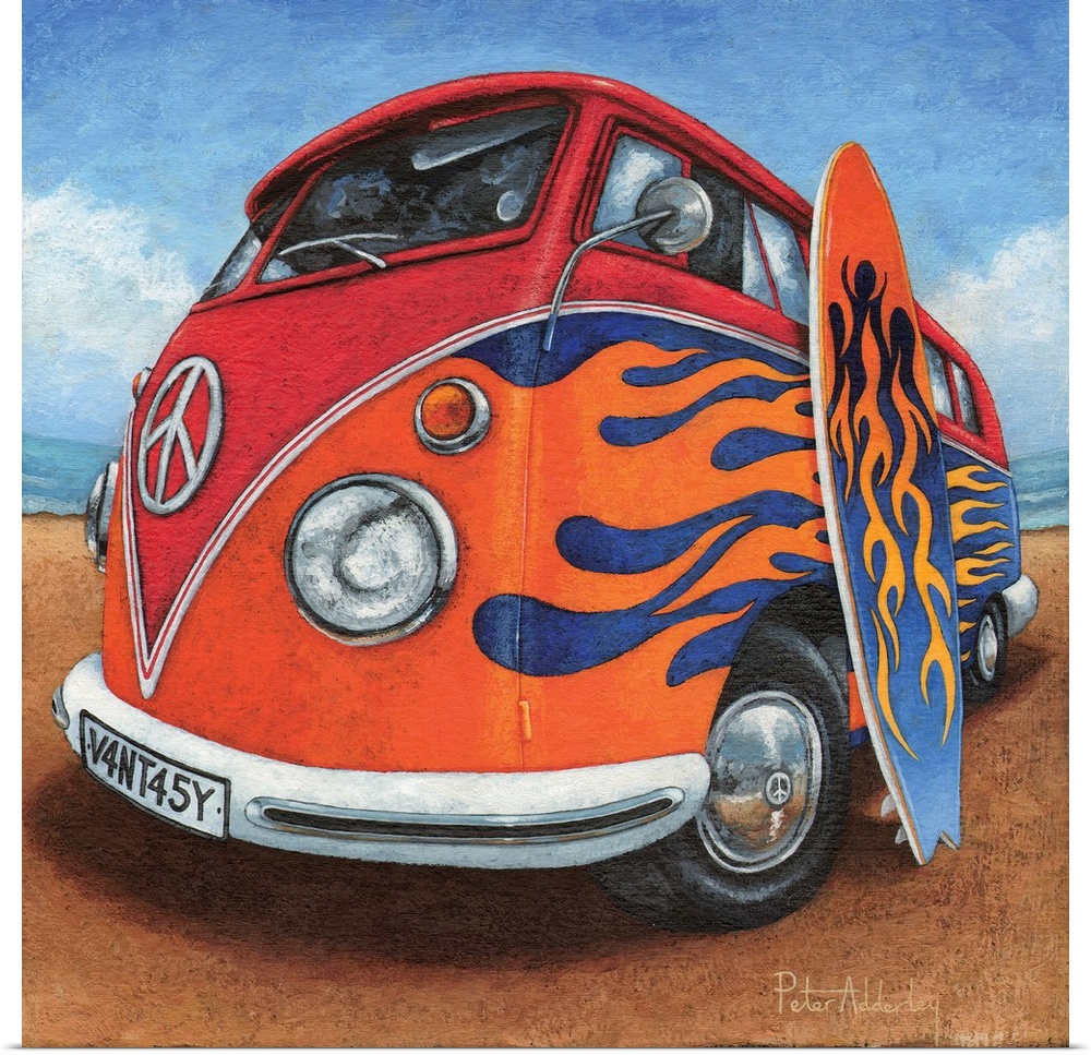 Contemporary painting of a retro VW bus with bright red flames painted on the side, with a surfboard leaning against it.