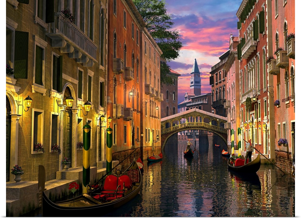 A photograph of a quiet, historic canal filled with gondolas maneuvering in the twilight on this oversized wall art picture.