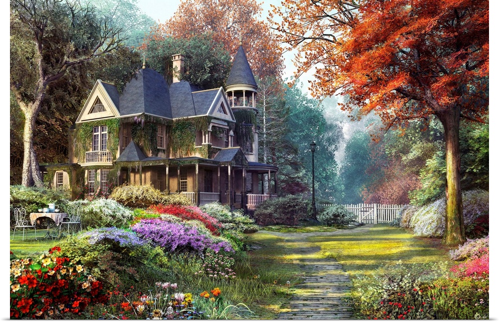 Painting on canvas of a big house with a beautiful garden surrounding it.