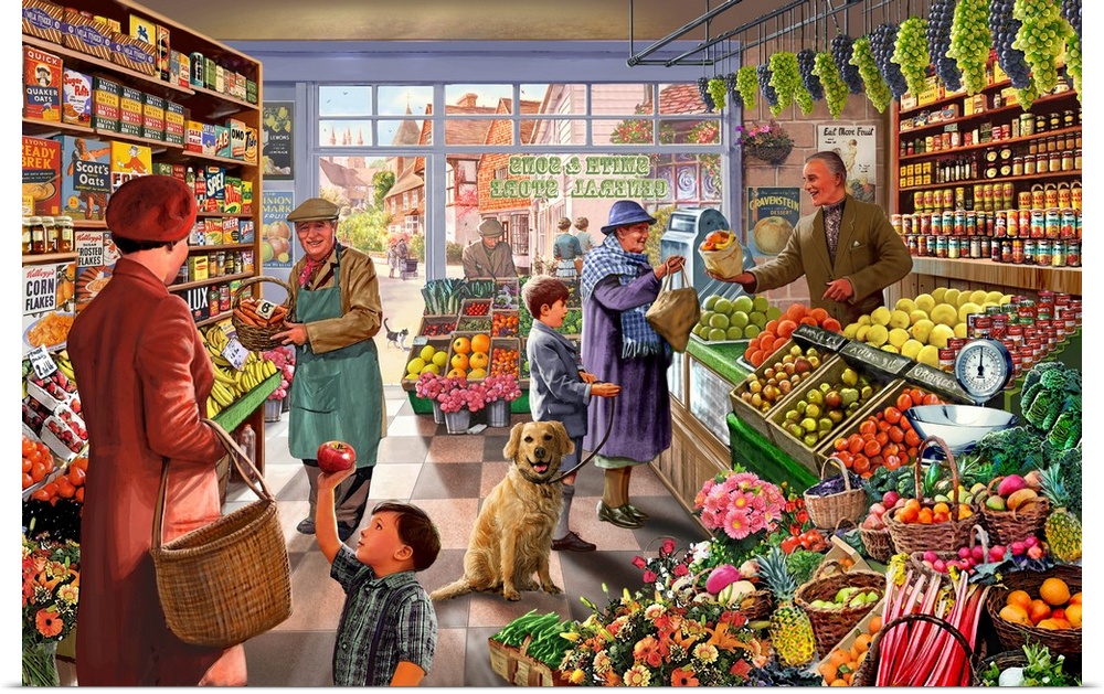 Scene in a greengrocer's shop in 1950's.