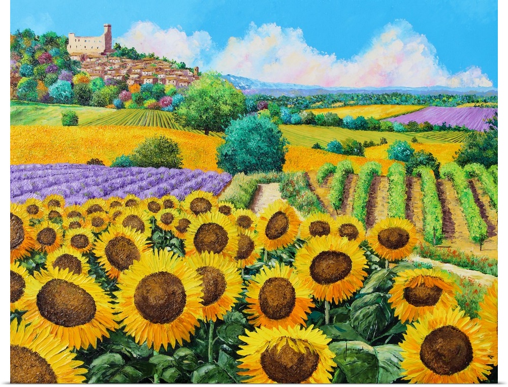 Painting of a countryside field of massive yellow sunflowers and rows of vineyards,