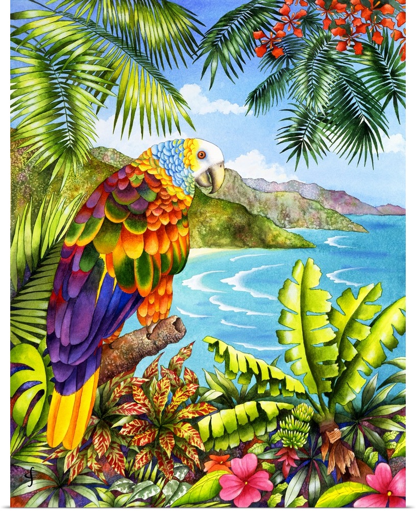 Tropical themed artwork using bright vivid colors to depict the flowers and animals of the environment.