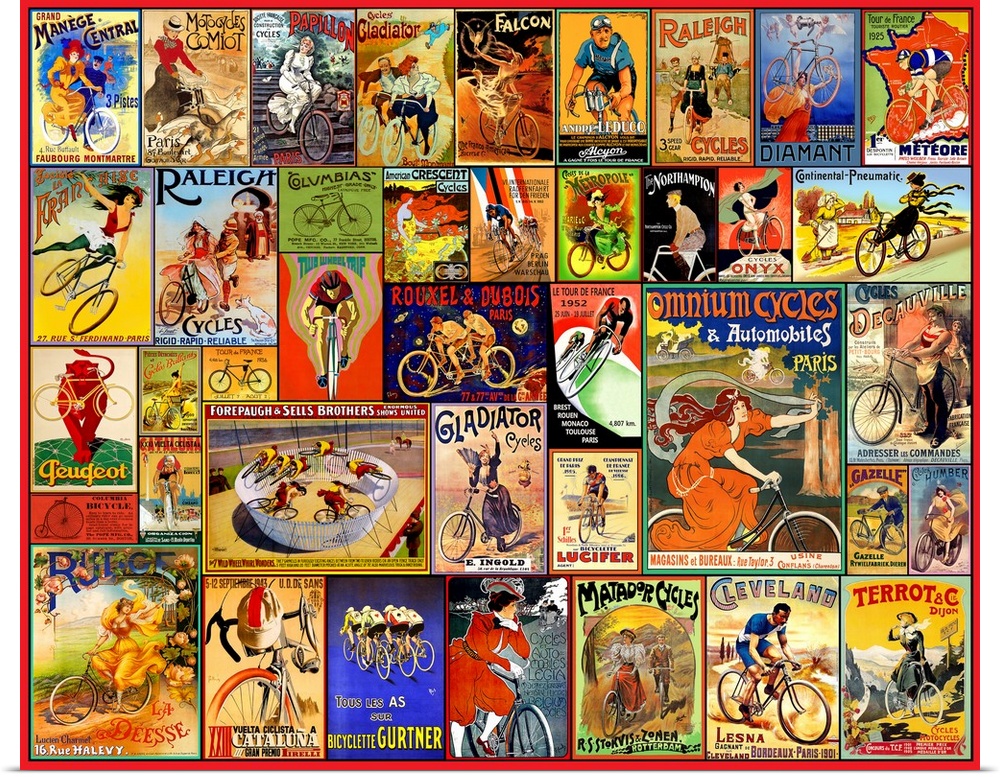 A mosaic collage of vintage bicycle posters.