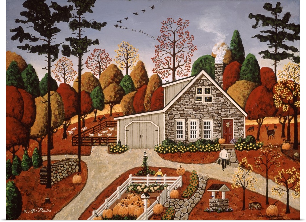 Americana scene of a small house in autumn with several pumpkins.