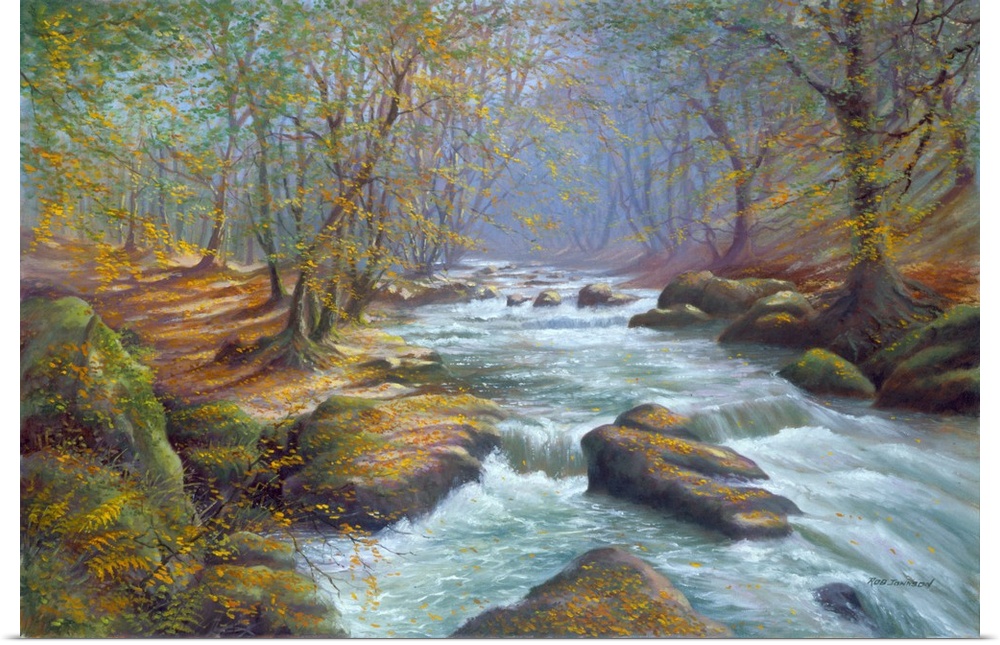 Contemporary painting of a river moving quickly through a forest.