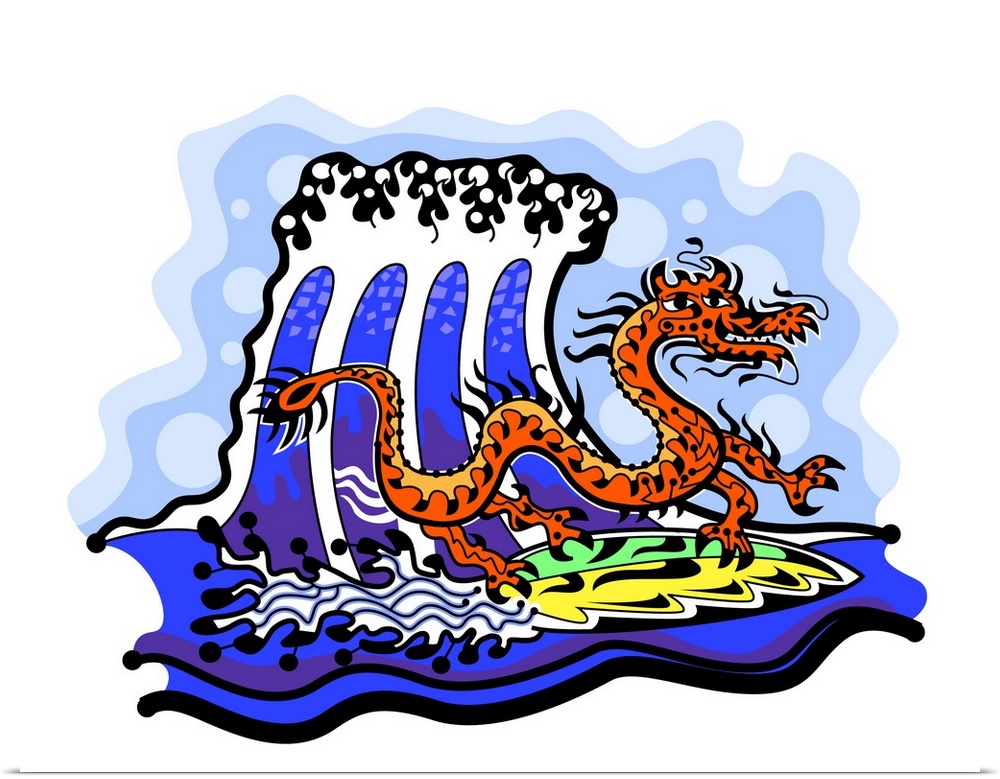 Contemporary artwork of a dragon surfing a big wave in the ocean in a colorful urban style.