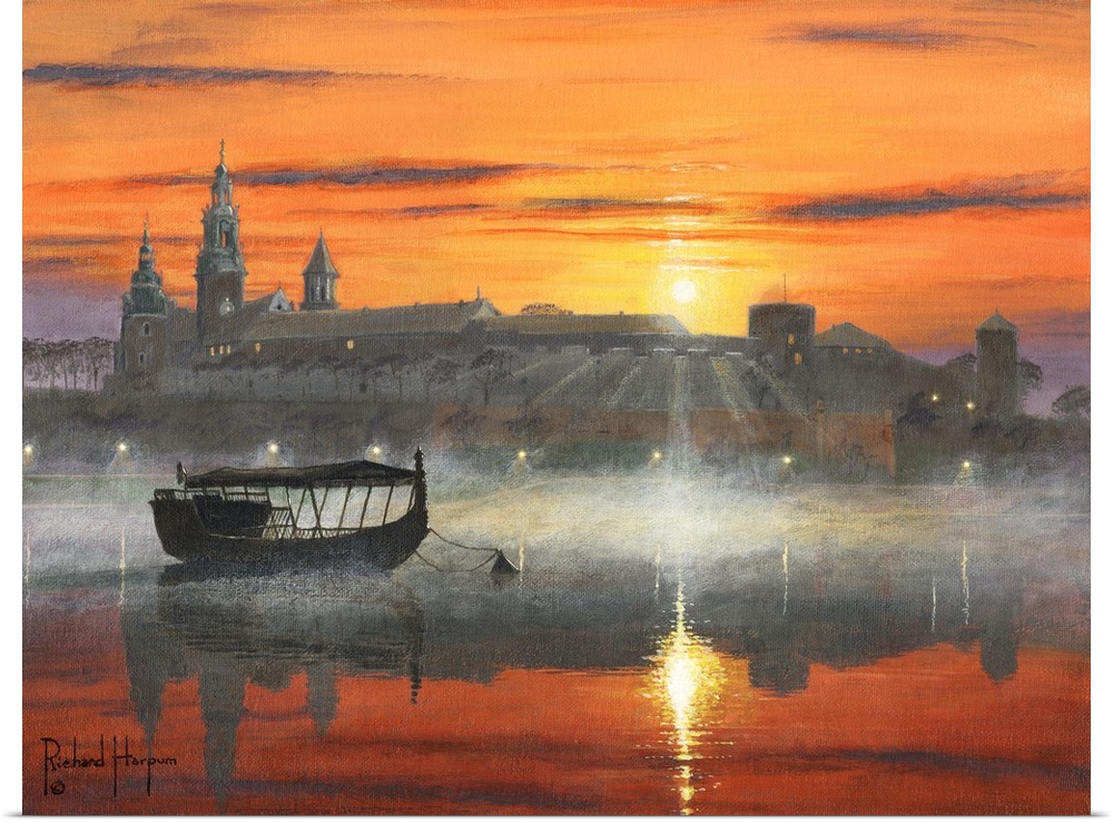 Contemporary artwork of a silhouetted boat on a misty river in the early morning, with a city in the background.