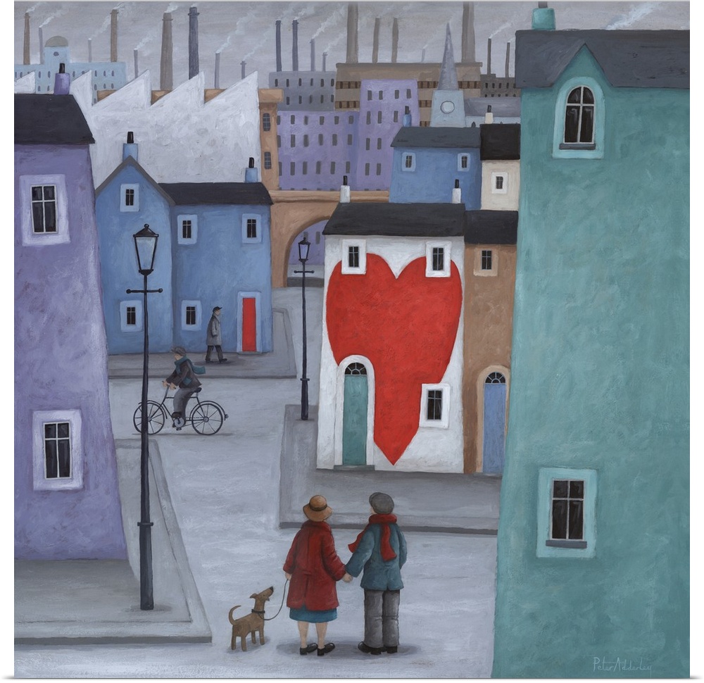Contemporary painting a couple walking a dog and stopped int he street looking at a house with a giant heart painted on it.