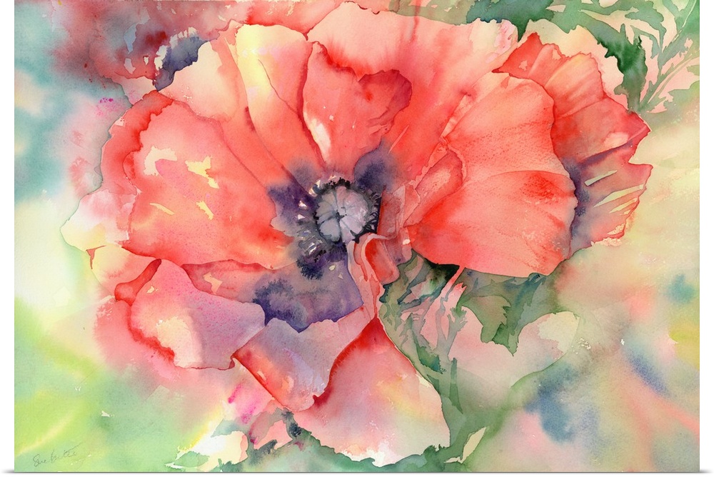 Contemporary watercolor painting of vibrant colorful flowers.