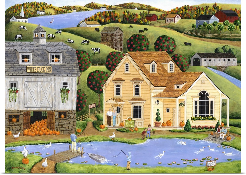 Americana scene of people fishing in a small pond in a village.