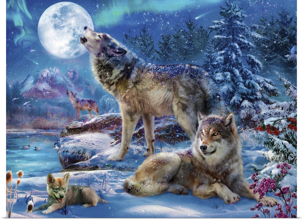Illustration of a pack of wolves howling at the full moon in a snowy setting.