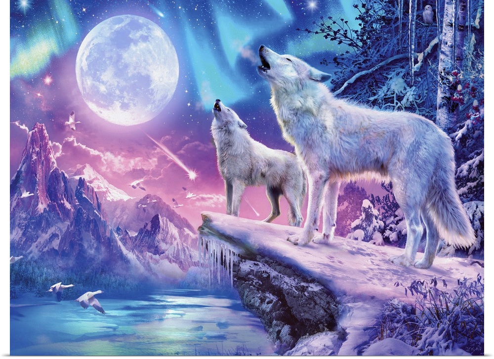 Illustration of two wolves howling at the full moon in a snowy mountain scene.