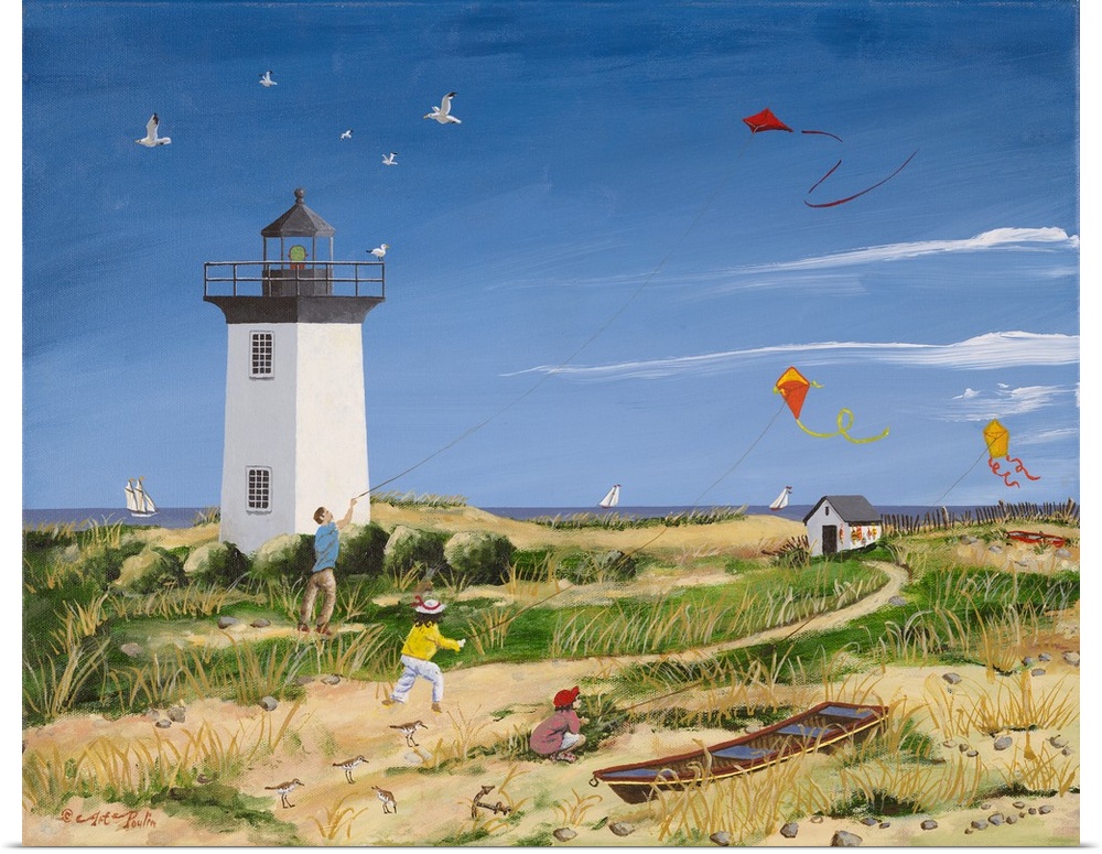Americana scene of children flying kites near a small lightouse on the beach.