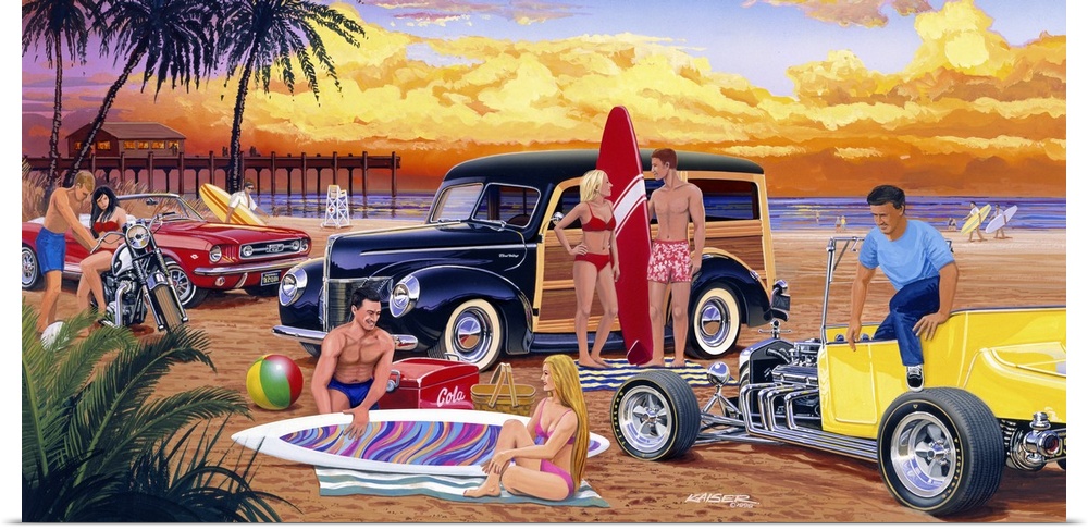Vintage style artwork of a California beach sunset with a 1940 Ford Woody station wagon, 66 Ford Mustang and a 1923 Ford h...