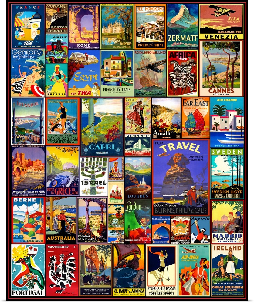 A mosaic collage of vintage world travel posters.