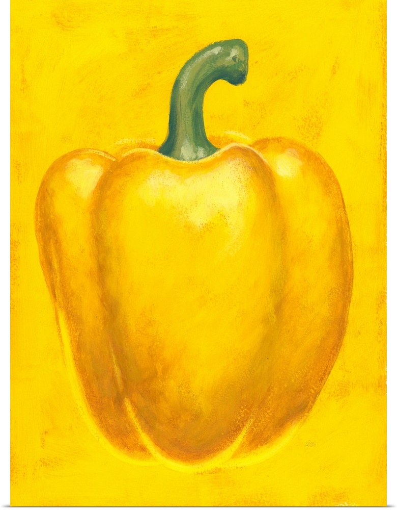 Contemporary painting of a yellow bell pepper against a yellow background.