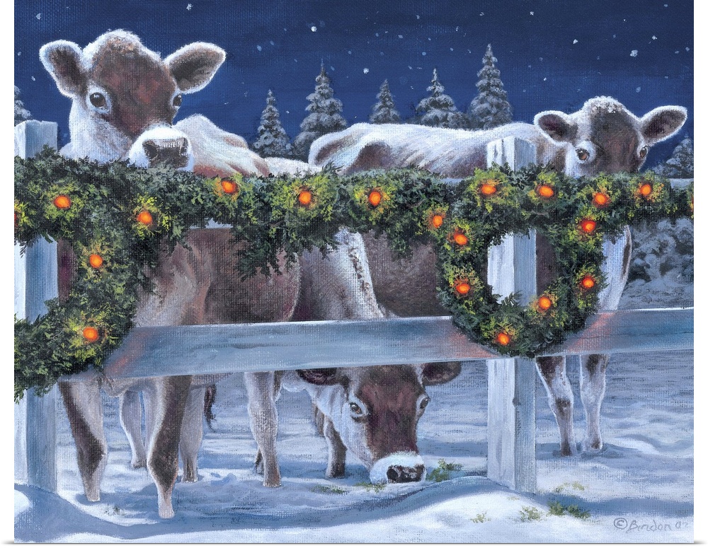 Contemporary painting of cows standing behind a fence decorated for Christmas.
