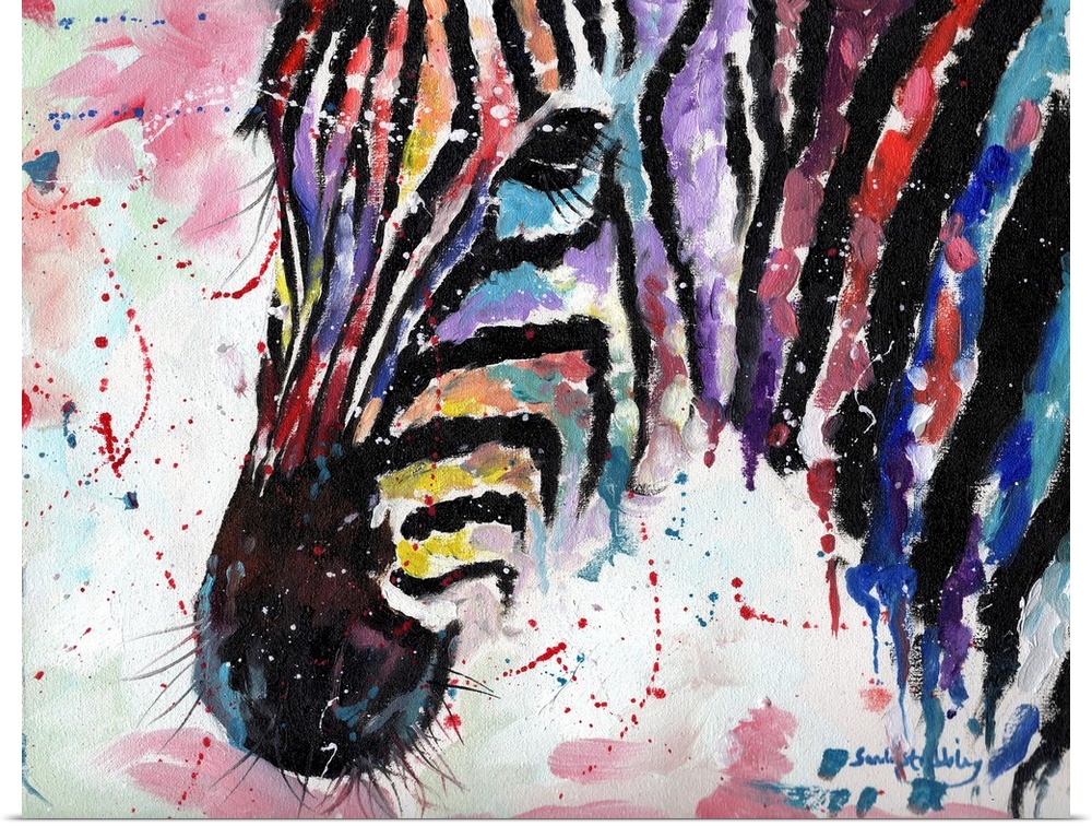 Zebra oil on canvas in rainbow colors.