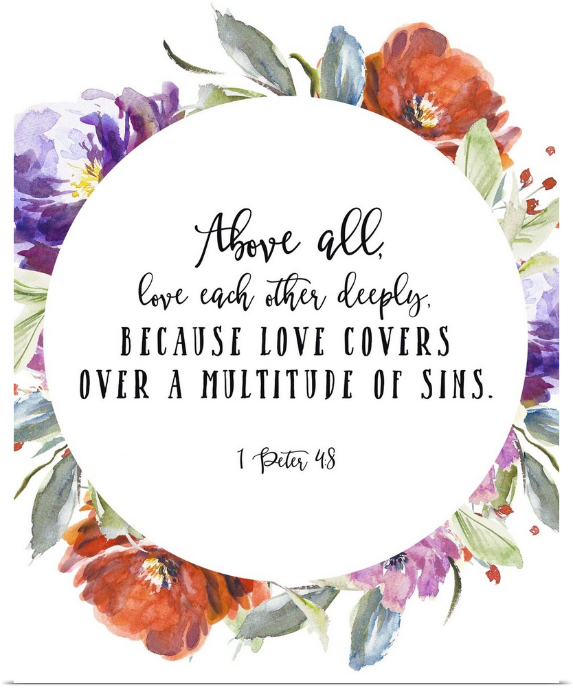 Bible verse typography art in handlettered text, framed by blooming watercolor flowers.
