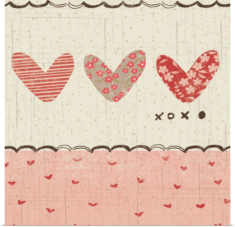 Collage style romantic artwork with a heart print border with three cut-out hearts.