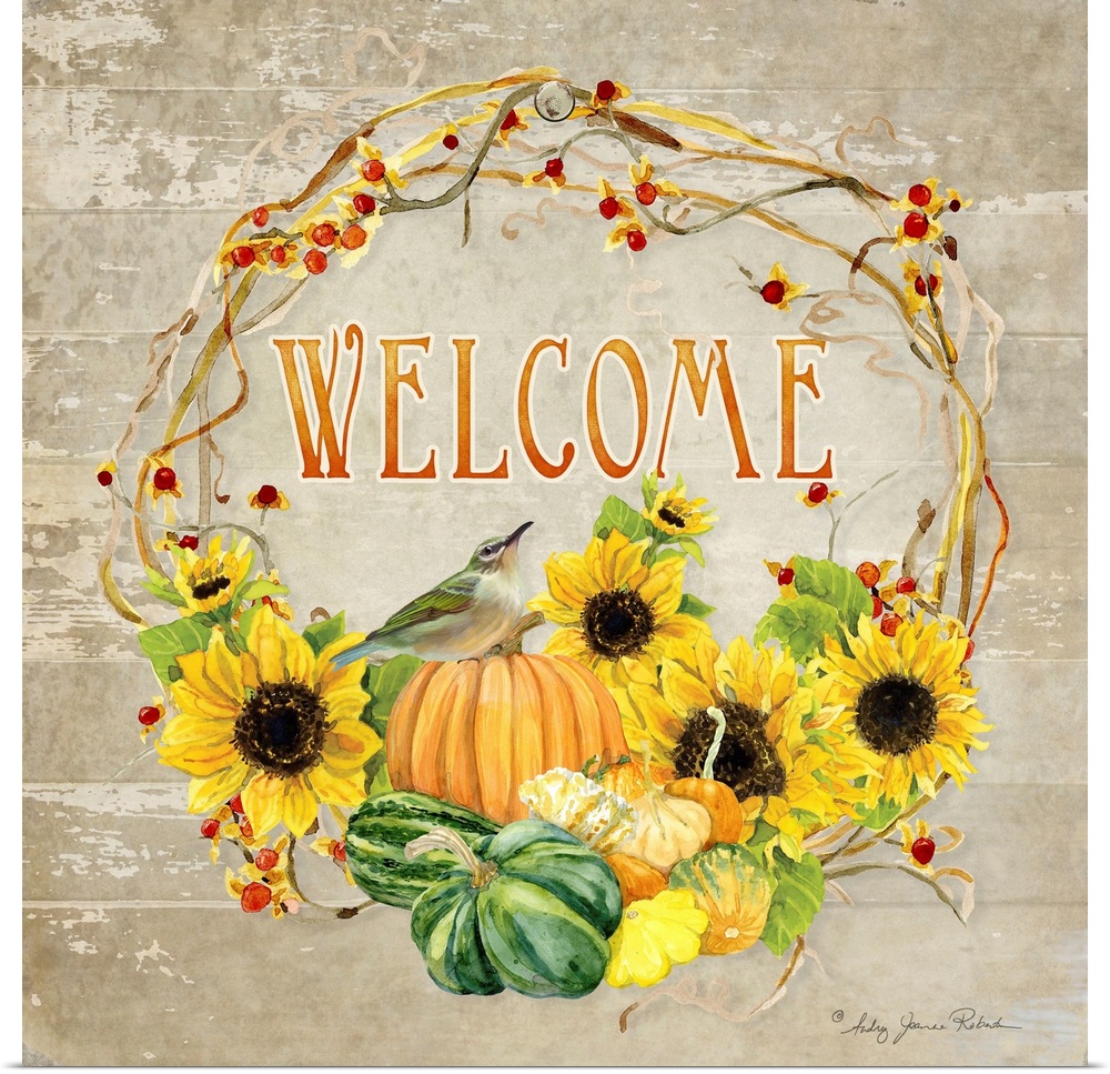 Thanksgiving themed decor of a wreath with sunflowers, squash, and pumpkins.
