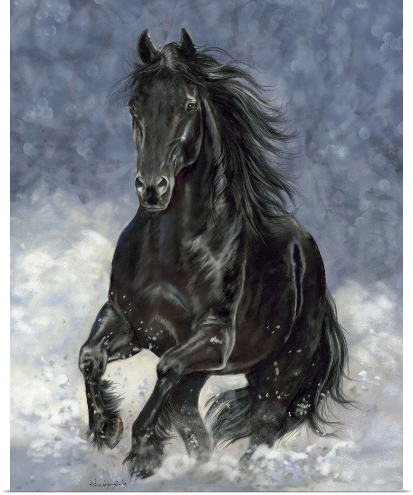 A large black horse galloping through the snow.